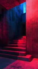 Wall Mural - abstract neon staircase: red and blue grunge architecture