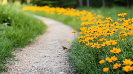 Aufkleber - Butterfly flying over hiking trail with vibrant wildflowers in golden sunlight
