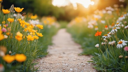 Aufkleber - Hiking trail bathed in golden sunlight with vibrant wildflowers and butterflies