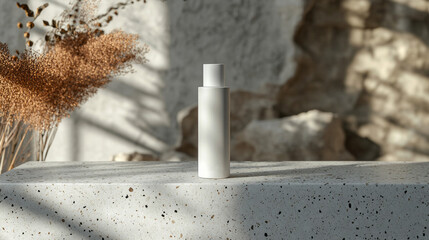 Poster - A sleek, white beauty product stands elegantly on a textured stone surface, complemented by dried flowers and warm sunlight filtering through a nearby window, creating a serene atmosphere