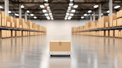 Poster - A solitary package sits on a polished warehouse floor, surrounded by neatly stacked boxes in an expansive storage facility.