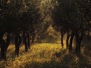 Wall Mural - golden hues illuminate olive trees and wildflowers in a serene grove