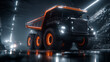 © Maksym - An ultra-modern mining truck with sleek, angular design and glowing digital sensors, driving through a futuristic mining operation controlled by AI.