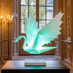 Poster - Elegant Illuminated Swan Sculpture with Paper Art Design