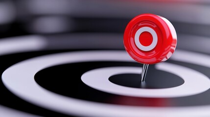 Poster - A red target marker stands prominently on a black and white spiral target design, symbolizing focus and precision.