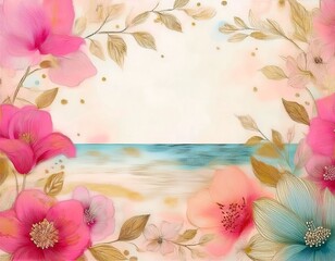 Wall Mural - A soft pastel seascape with golden floral borders. Perfect for postcards, invitations, or beach-themed designs with a text area.