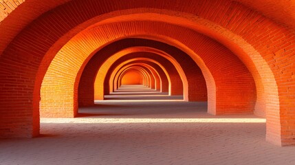 Poster - A series of elegant, arched brick passages bathed in warm orange light, creating a captivating and serene architectural space.