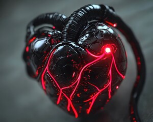 Poster - Intricate Black Heart Design with Glowing Red Neon Details