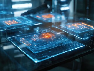 Poster - Futuristic Holographic Interfaces on a Sleek Tabletop, Symbolizing Innovation and Technological Advancement. Perfect for Sci-Fi Films, Tech Presentations, and Futuristic Designs.