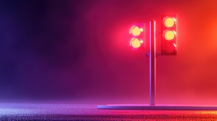 Poster - A glowing traffic light stands amid colorful fog, creating a striking visual contrast in a surreal nighttime setting.