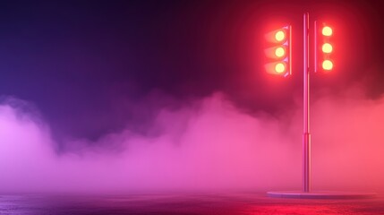 Poster - A vibrant scene featuring a traffic light illuminated with red lights, surrounded by colorful fog, creating a dramatic atmosphere.