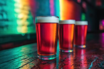 Poster - Three pints of beer resting on bar with colorful backdrop