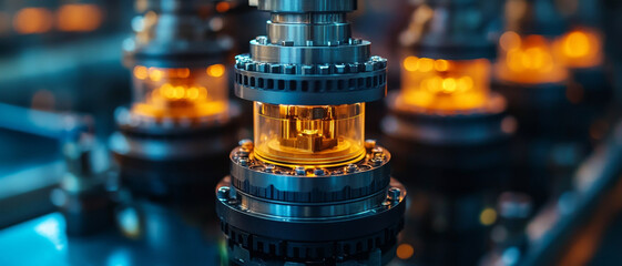 Poster - precision electric valve with glowing components in factory setting