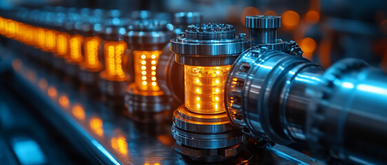 Poster - high tech electric valve with glowing lights in modern industrial setting