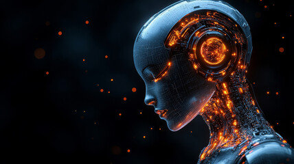 Poster - Futuristic robotic head with glowing circuits and intricate details