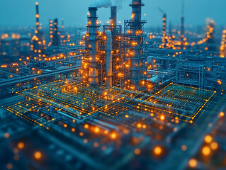 Poster - Industrial plant with glowing lights and complex structures at dusk