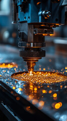 Poster - Automated steel cutting machine creating sparks from metal