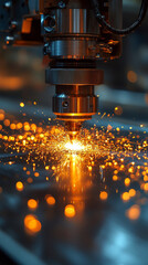 Poster - automated steel cutting machine creating sparks from metal