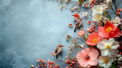 Poster - Two small birds find refuge among beautiful blooms in shades of pink and white. The gentle blue background enhances the serene and lively atmosphere of springtime, inviting peaceful contemplation