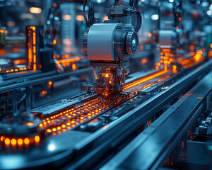 Poster - autonomous ai driven factory assembly line with glowing components