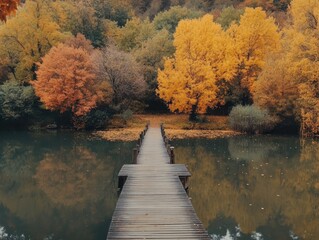 Wall Mural - wooden pier leading to autumn forest reflected in calm lake waters