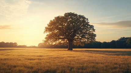 Wall Mural - majestic oak tree standing tall in a golden meadow at sunset, serene landscape