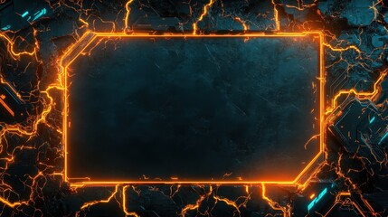 Poster - Futuristic Glowing Orange Frame on Dark Cracked Background, Symbolizing Technology and Power. Ideal for Sci-Fi Designs, Game Interfaces, Tech Banners, and Cyberpunk Projects.