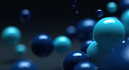 Abstract composition of glossy blue and teal spheres floating in space