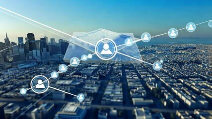 Poster - Advanced technology connects urban landscapes as a network overlays the city skyline during sunset, showcasing innovation and beauty