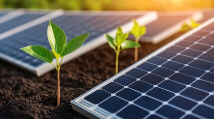 Poster - New green plants growing near solar panels symbolizing sustainable energy