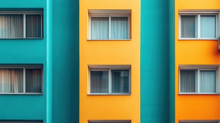 Poster - An abstract view of a colorful building facade, featuring bold turquoise and yellow colors with a modern design, illustrating urban life and architectural innovation.