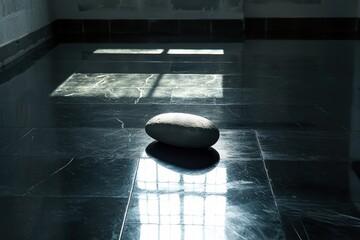 Poster - Smooth Stone on Polished Black Floor with Sunlight Reflection