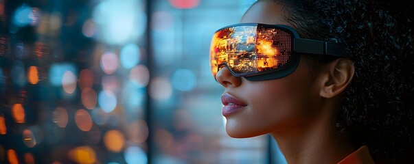 Poster - Marketer Using Augmented Reality Glasses to Visualize AI Predicted Campaign Outcomes with Glowing Overlays Enhancing Workspace