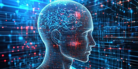 Poster - human brain on technology background, Digital background for Neural Brain Networks and AI Algorithms, data transmission and encryption, digital archives, cyber space concept, scientific research
