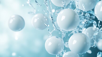Poster - This image showcases glossy white spheres suspended in water, creating a beautiful interaction between liquid and solid forms with lively splashes surrounding them.