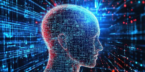 Poster - human brain on technology background, Digital background for Neural Brain Networks and AI Algorithms, data transmission and encryption, digital archives, cyber space concept, scientific research