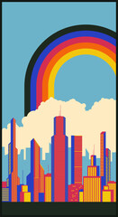 Wall Mural - modern city 1980s style poster, vintage color stripes, cityscape background. 80s colors and shapes