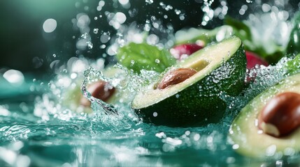 Poster - A captivating image of split avocados splashing in clear water, showcasing their luscious texture and vibrant green color, exuding freshness and vitality.