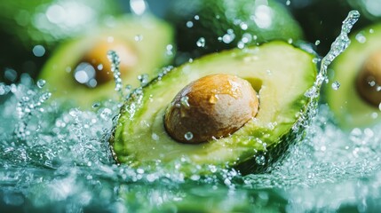 Poster - The image beautifully captures fresh avocados splashing in water, highlighting their wholesome nature and the joyful essence of fresh ingredients in culinary art.