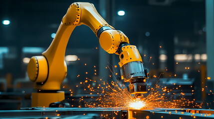 Poster - Smart robot arm performing industrial welding in factory