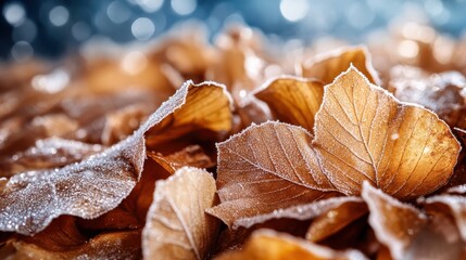 Poster - This enchanting image showcases frost-laden leaves, capturing the delicate textures and intricate details of nature's beauty in a dreamy, abstract composition.