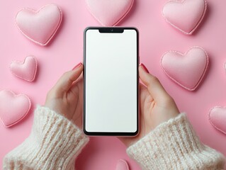 Poster - Holding white screen smartphone and a background is a display of love for couples on heart background