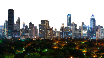 Bangkok skyline at night with illuminated skyscrapers and lush park in foreground, isolated on white background. Urban cityscape concept