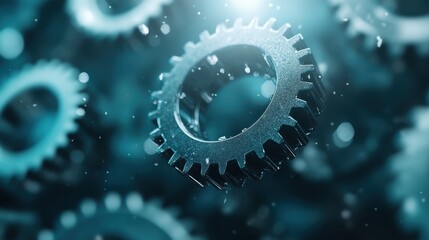 Poster - This artistic depiction features floating gears surrounded by ethereal blue light, evoking a sense of motion and the interconnectedness of mechanical systems within technology.