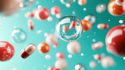 Poster - An elegant portrayal of capsules and spheres drifting through a multi-colored space, representing the interplay between health and abstract art in a visually striking manner.