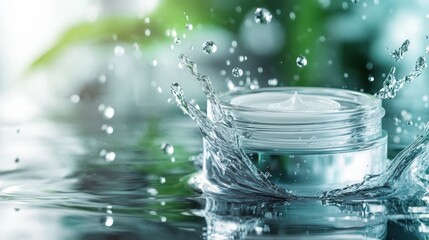 Poster - this image showcases a clear cream jar amidst vibrant water splashes, highlighting its fresh and rej