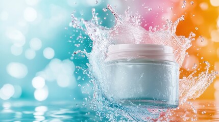 Poster - A refreshing cream container is elegantly positioned in a watery surrounding, accentuating its moisturizing effect with visually engaging splashes that evoke vitality.