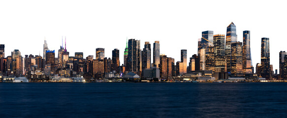 New York City skyline at dusk with illuminated skyscrapers, isolated on white background. Manhattan cityscape with modern buildings reflecting lights