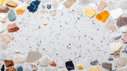 Poster - A stunning arrangement of various stone fragments creates a captivating surface, featuring a blend of colors and textures. This artistic composition highlights the beauty of nature's design