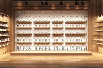 Poster - Modern empty wooden store shelves retail display background shop room rack light blank space clean